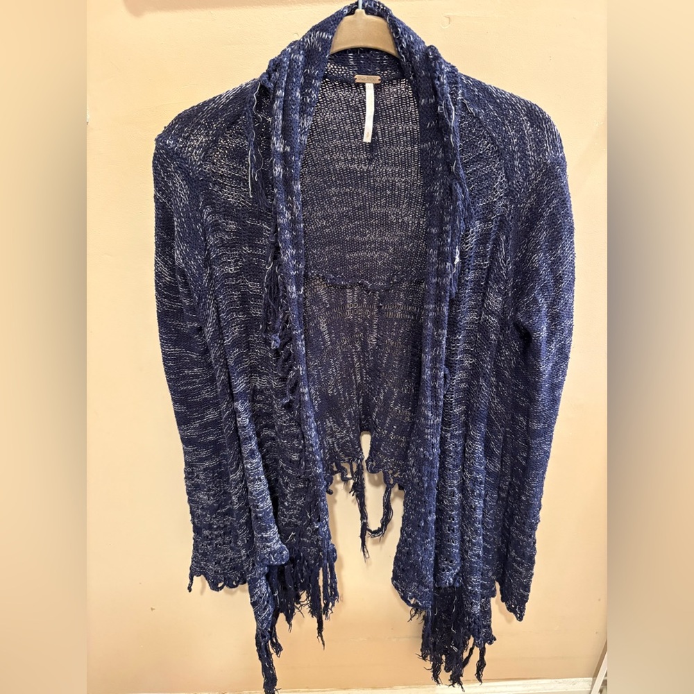 Free People Distressed Tassle Open Front Marled Navy Cardigan Women’s Small